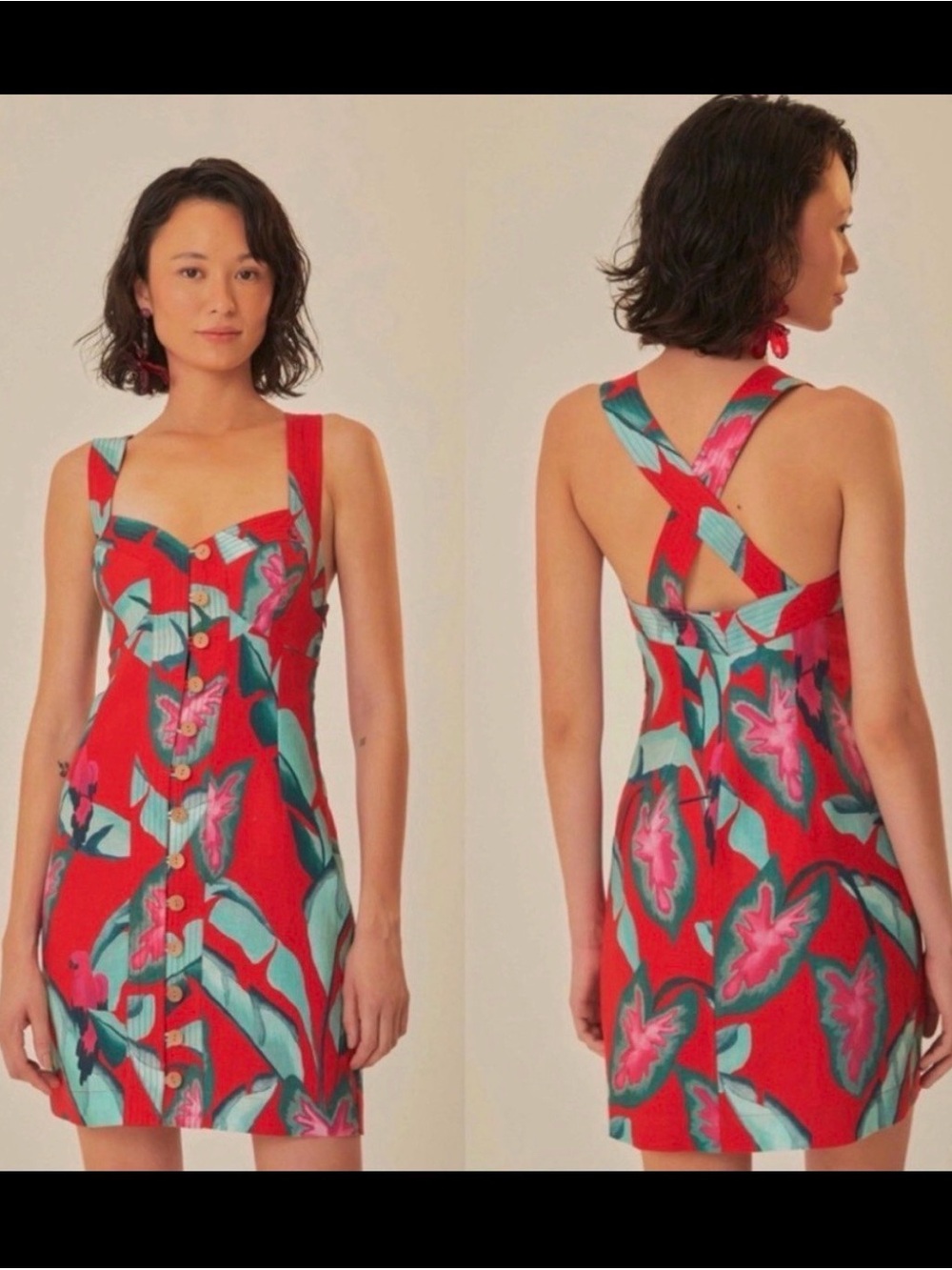 FARM Rio Red Floral Mini Dress with Teal Leaves